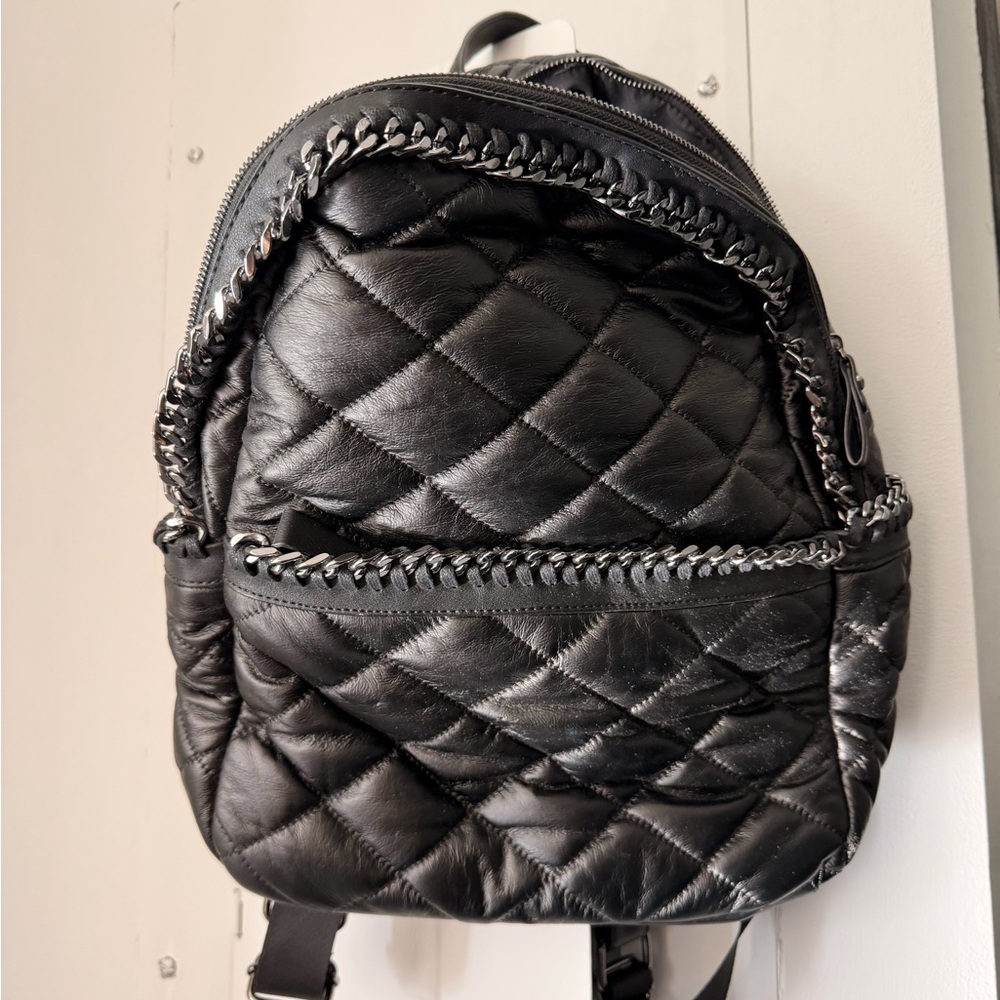 Black Quilted Backpack with Chain Detail